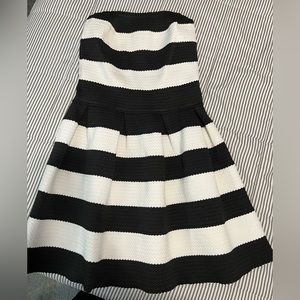 Black and White Striped Strapless Cocktail Dress
